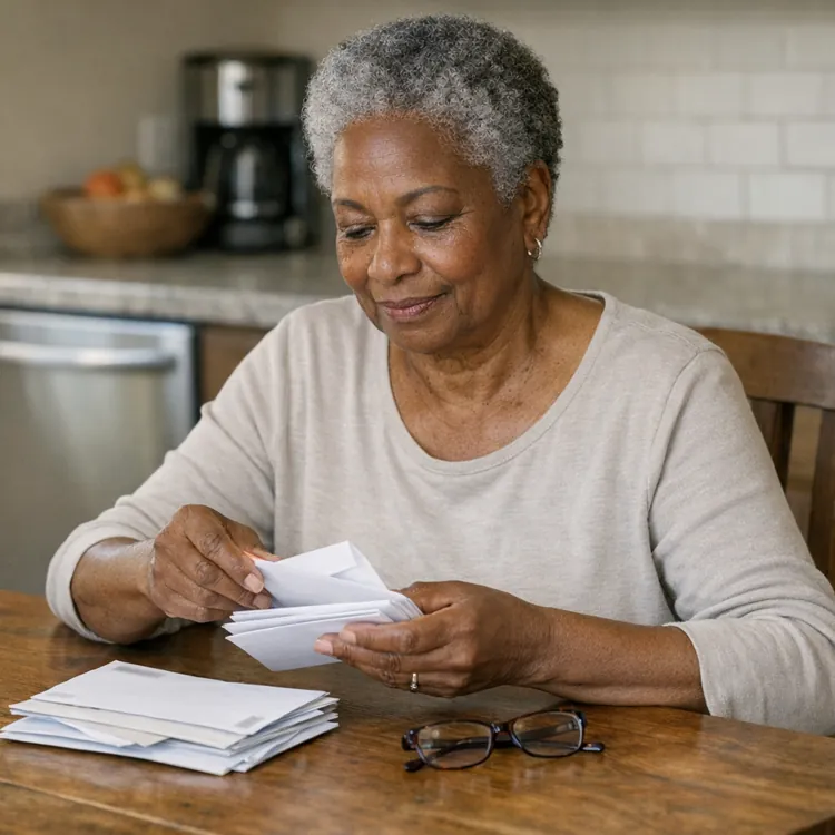 Older woman reading mail at a kitchen table with a phone and glasses nearby