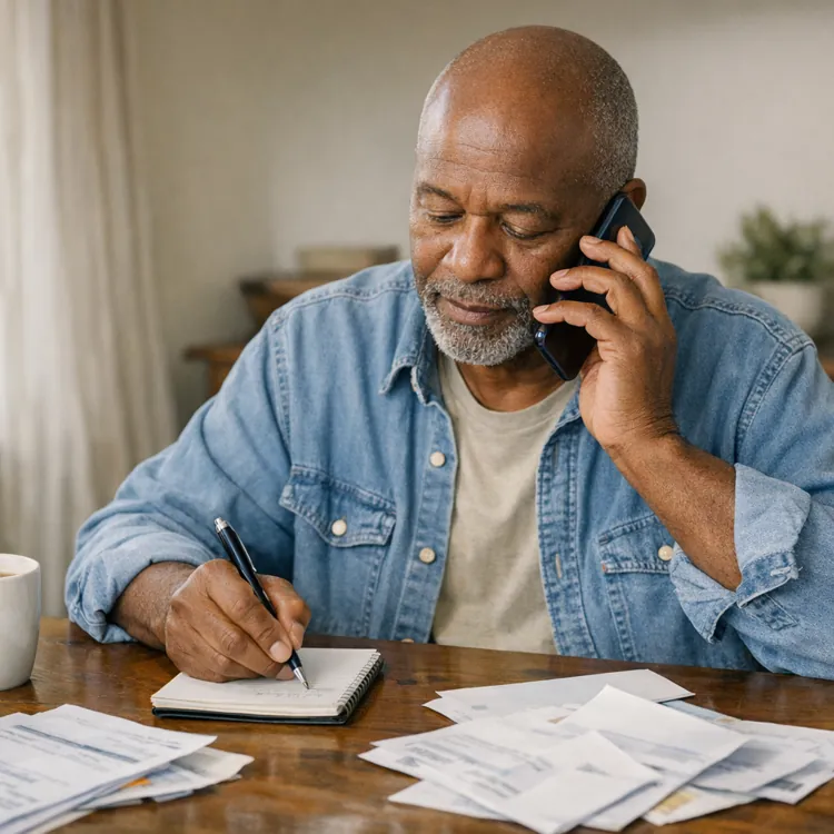 Man on phone writing in notebook with bills and coffee on table