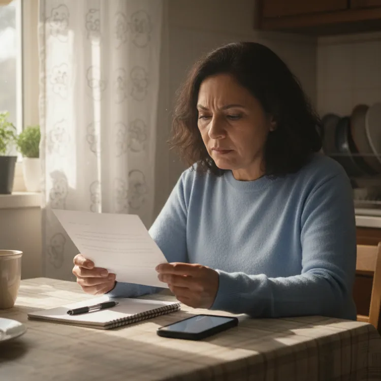 Woman in blue sweater reading a letter at a kitchen table with coffee and notepad