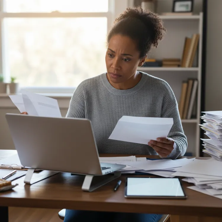 Woman at desk reviewing papers with a laptop and large stack of documents