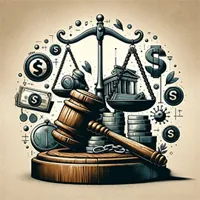 gavel in front of justice balance with dollar signs all around