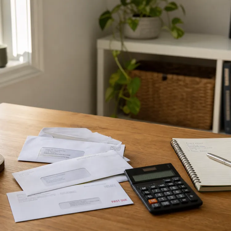 Stack of bills, calculator, notebook, and cup of tea on a wooden desk by a window
