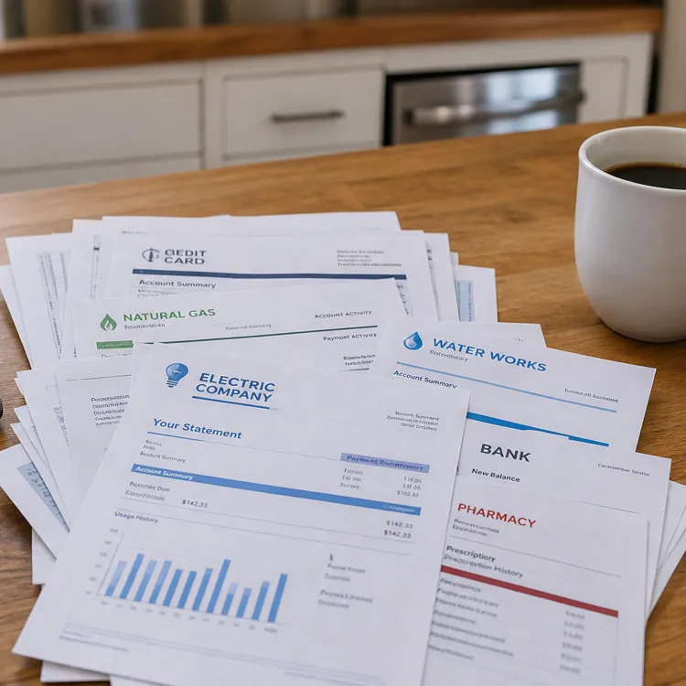 Stack of household bills, a calculator, and a cup of coffee on a kitchen counter