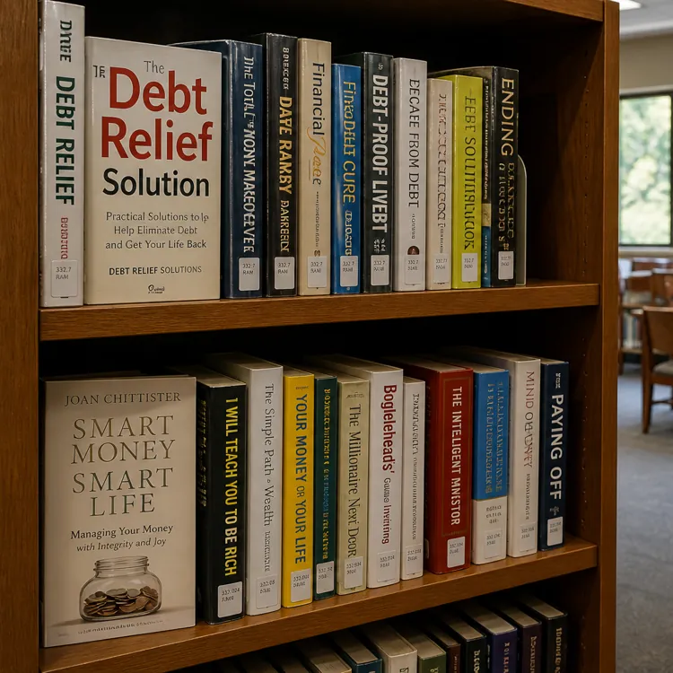 Books about debt relief and personal finance on a wooden bookshelf in a library
