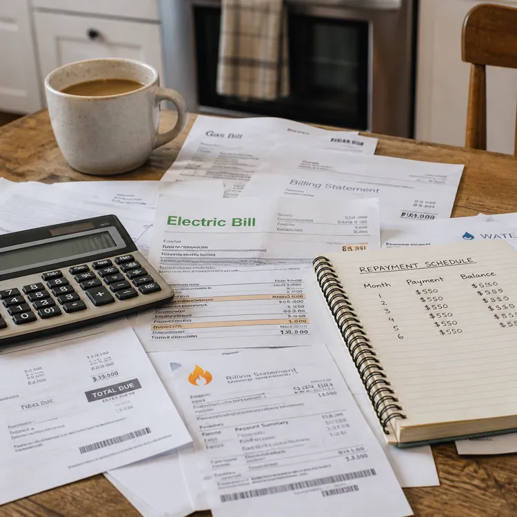 Calculator, coffee mug, utility bills, and a notebook with a repayment schedule on a kitchen table