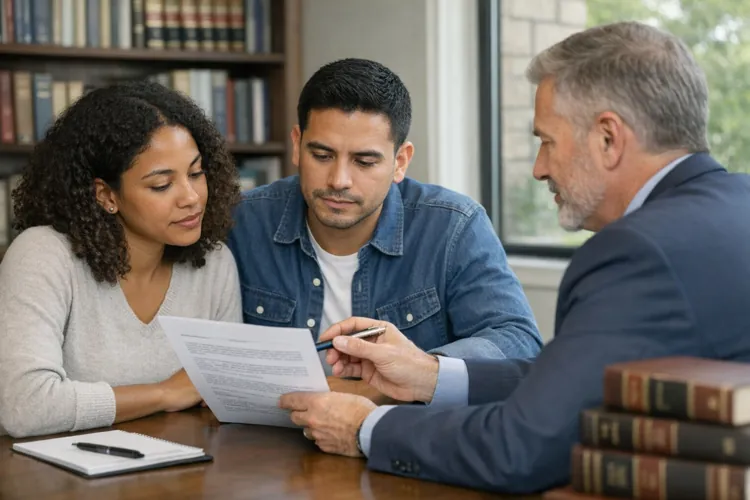 A couple sitting at a table with a professional man discussing a document in an office setting.