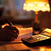 hand holding a pen beside a calculator