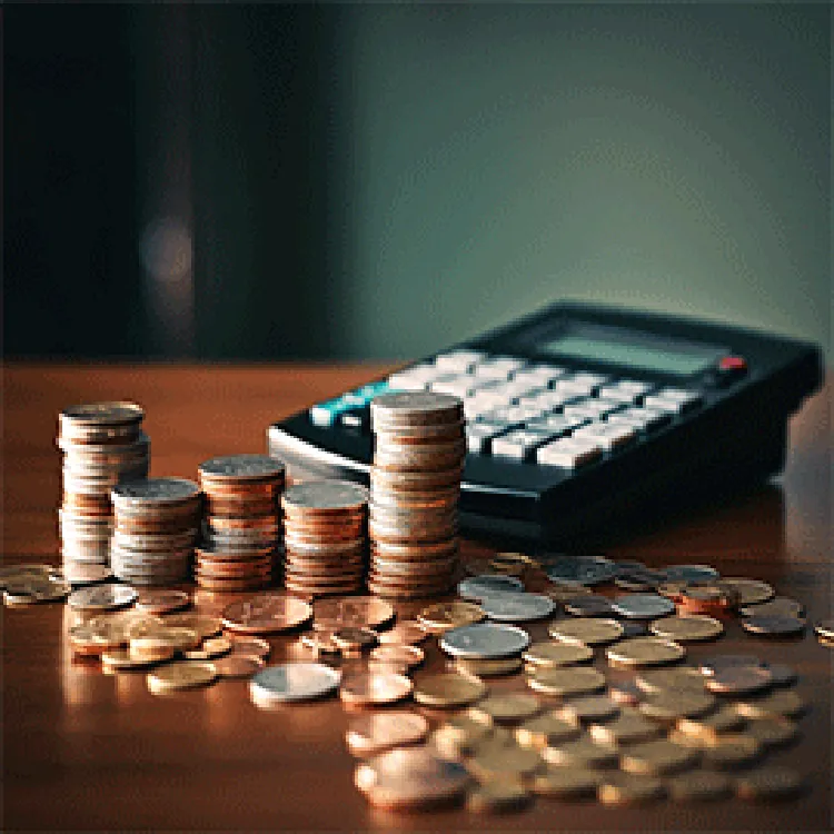 calculator, stack of coins and loose coins placed on a table