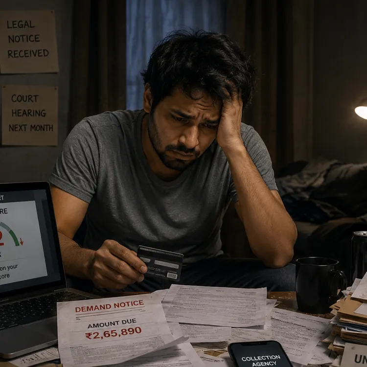 Stressed man at desk with overdue bills, credit card, and poor credit score on laptop