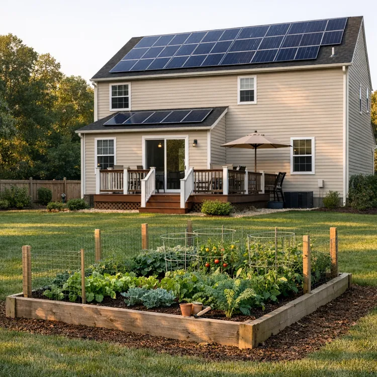 House with solar panels and a backyard vegetable garden on a sunny day