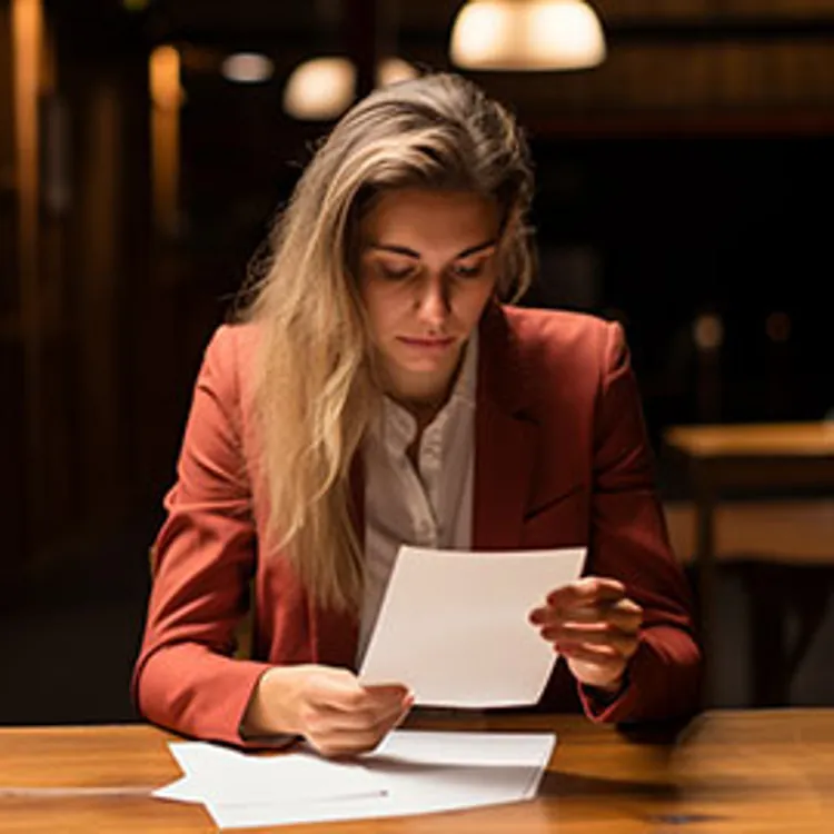 a woman reading a denial letter