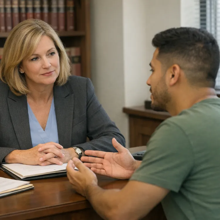 woman in suit listens to man across desk in office with law books and scales