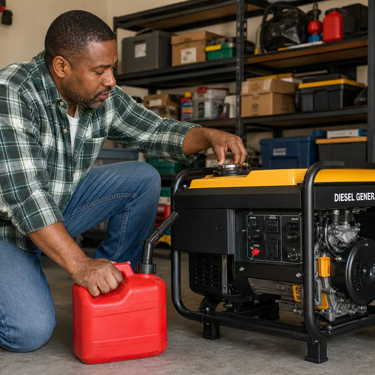 Man kneeling in a garage filling a diesel generator with fuel from a red gas can