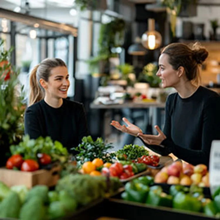 two ladies wearing black tops are having a discussion while there are produce in the foreground