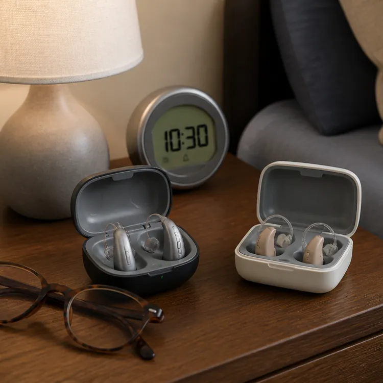 Two pairs of hearing aids in charging cases on a nightstand with eyeglasses, lamp, and clock