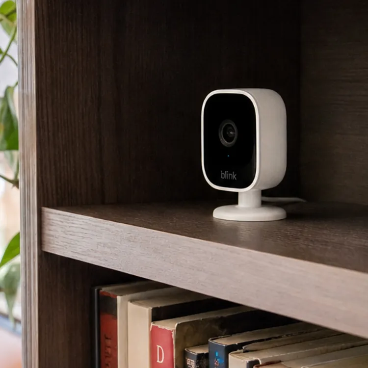 Small security camera on a bookshelf with books, a plant, and a framed photo in a living room