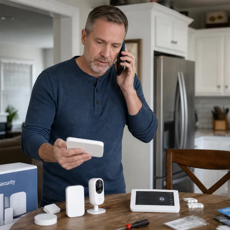 Man on phone installing smart home security system in a kitchen