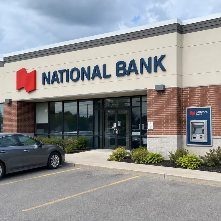 National Bank branch building with an ATM and parked cars in front