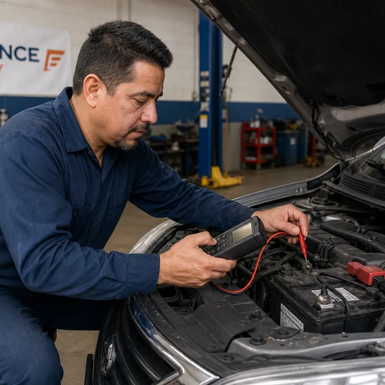 Mechanic using a diagnostic tool on a car battery in an auto repair garage