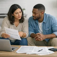 A couple sitting on a couch discussing documents with a laptop and papers on the table.