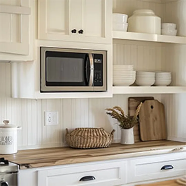 built-in microwave oven in a white themed kitchen