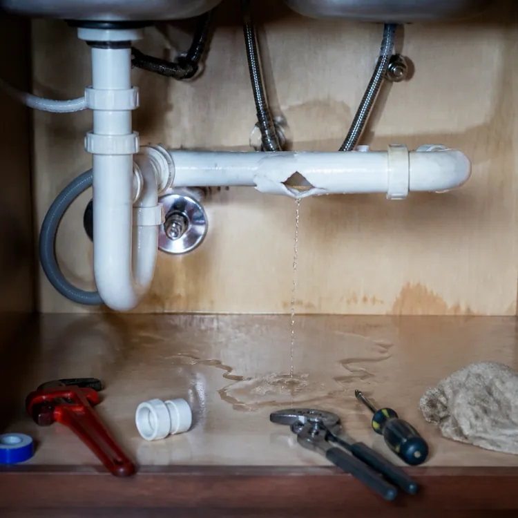 Leaking white PVC pipe under a kitchen sink with water pooling and repair tools nearby