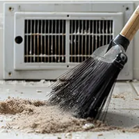 broom sweeping the floor along a vent