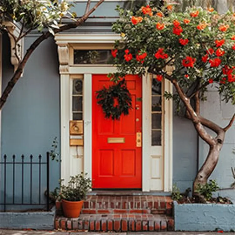 entry porch of a house with a red door with wreath