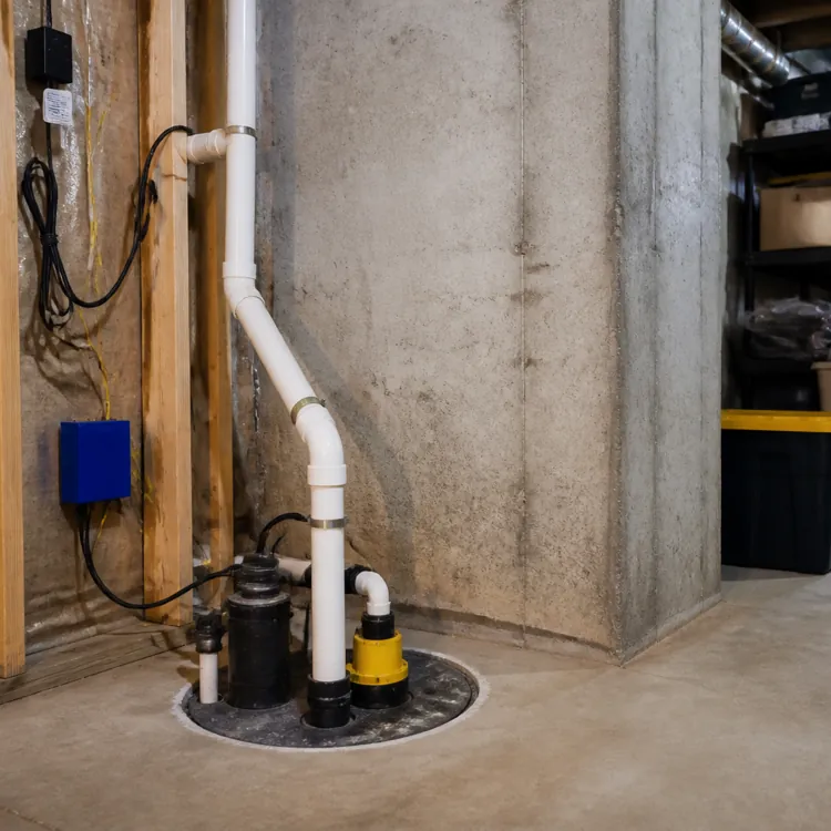 Sump pump system installed in a basement with storage shelves and plastic bins nearby