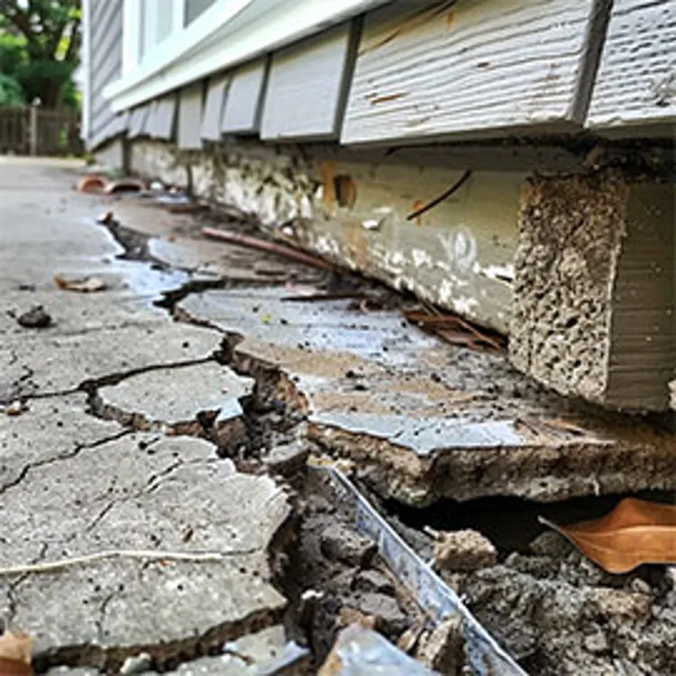 closeup view of the cracks and damage to a home foundation