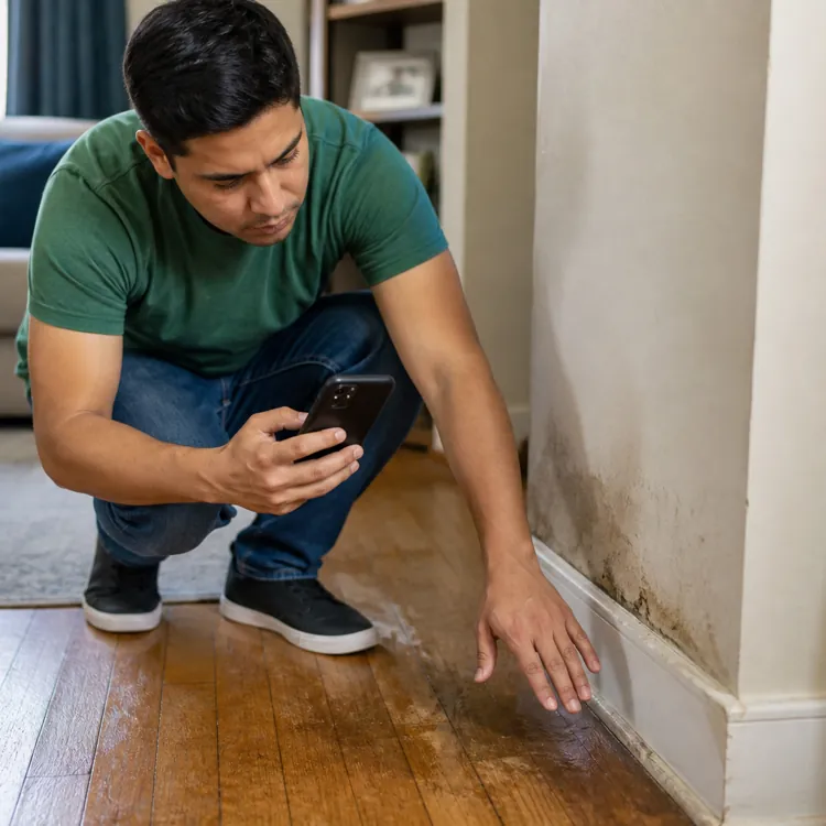 Man inspecting mold and water damage on a wall near a wooden floor in a living room