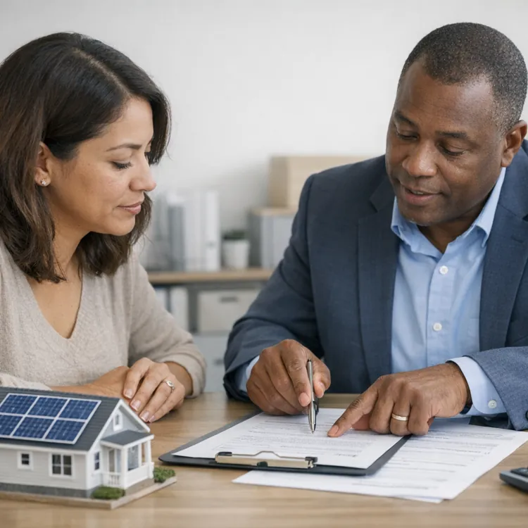 Two professionals discussing documents at a desk with a model house and calculator nearby.