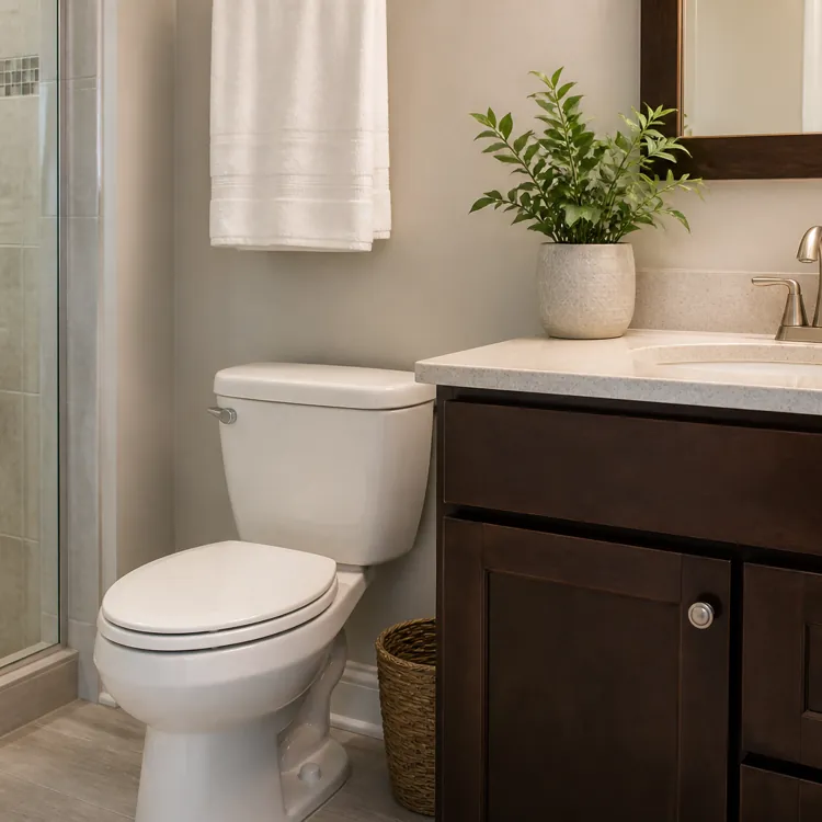 Modern bathroom with glass shower, toilet, vanity with sink, and potted plant on the counter