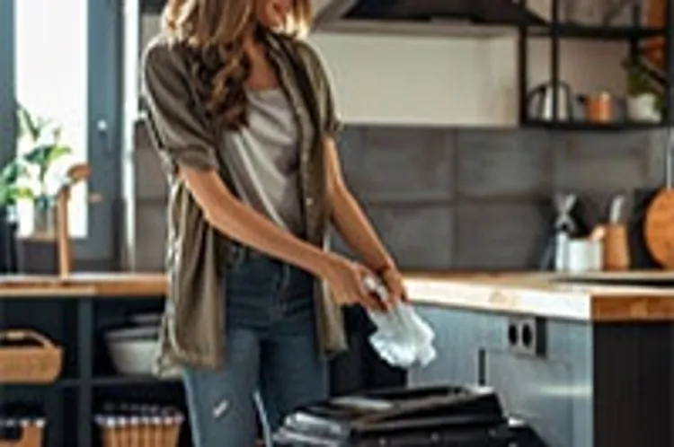 woman placing garbage into a trash compactor in the kitchen