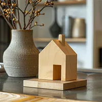 miniature wooden house and gray vase on table