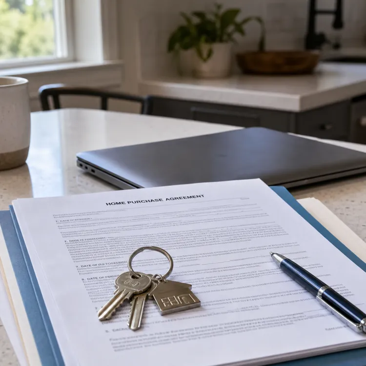 Home purchase agreement with keys and pen on a kitchen counter near a laptop and coffee mug