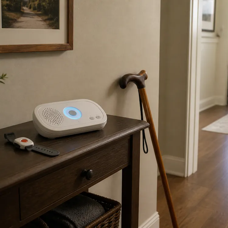 Medical alert system and wristband on a table next to a walking cane in a hallway
