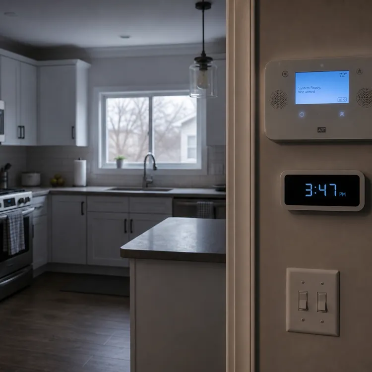 Kitchen with white cabinets and a wall-mounted home security panel and digital clock