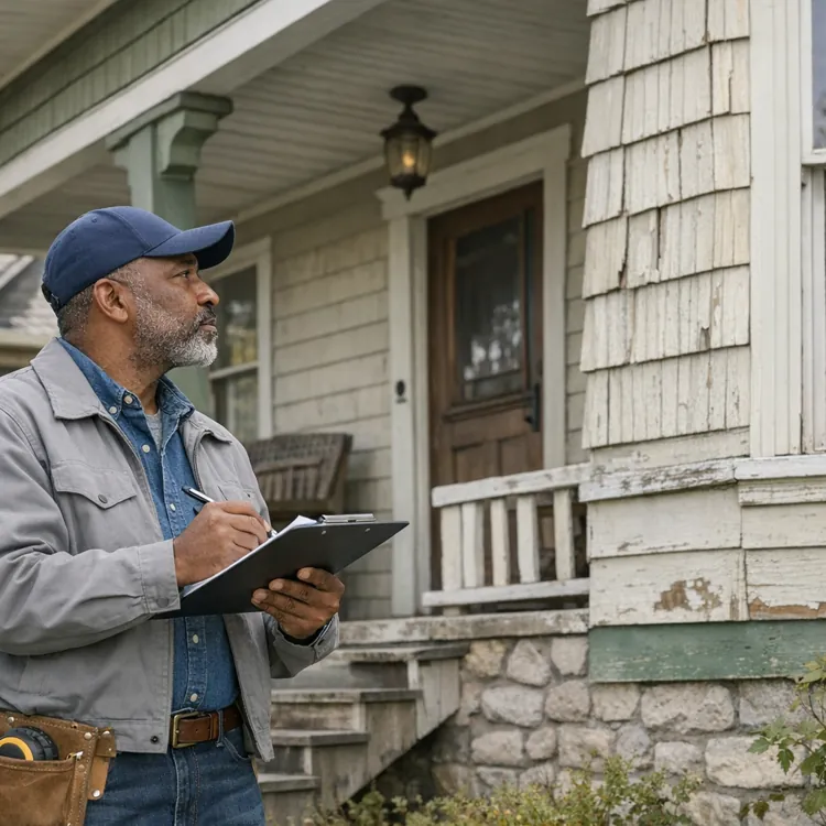 Person in casual attire holding a clipboard, inspecting the exterior of a house with a stone foundation and wooden siding.