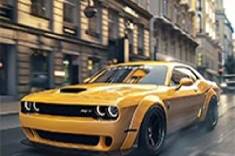 bright yellow dodge car along a city street