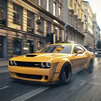 bright yellow dodge car along a city street
