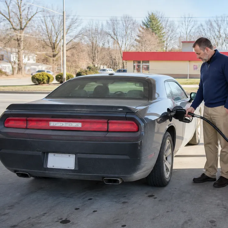 Man pumping gasoline into a gray car at a gas station on a clear day