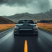 dark colored muscle car in the middle a road