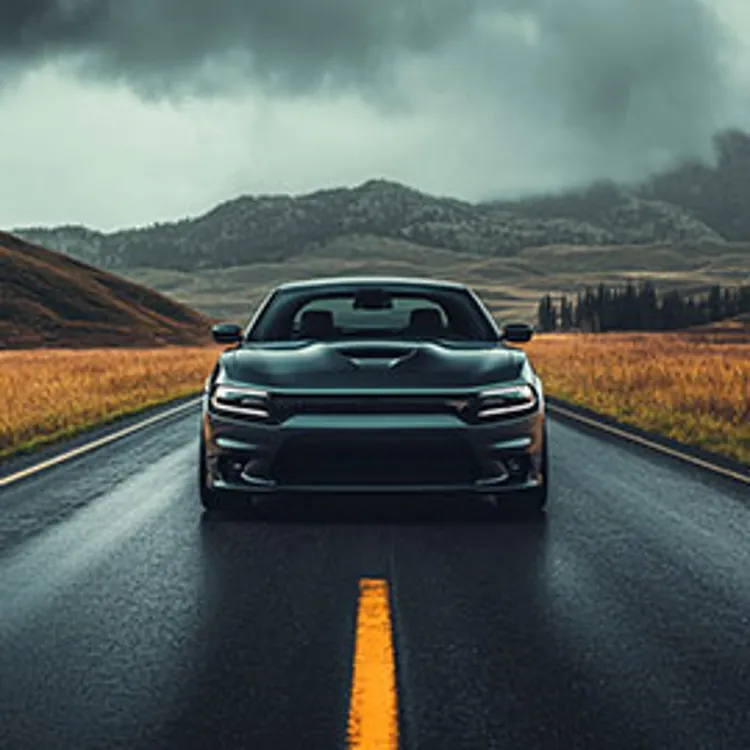 dark colored muscle car in the middle a road