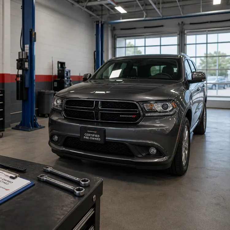 Gray Dodge SUV in a service bay with inspection tools and checklist on a workbench