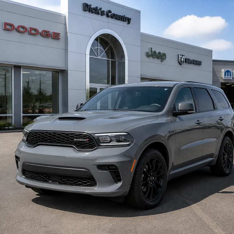 Gray Dodge SUV parked outside a dealership on a sunny day