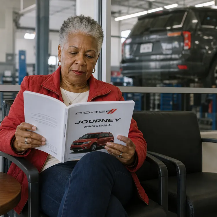 Woman reading a car owner's manual in a waiting room with a coffee cup and a car being serviced behind glass
