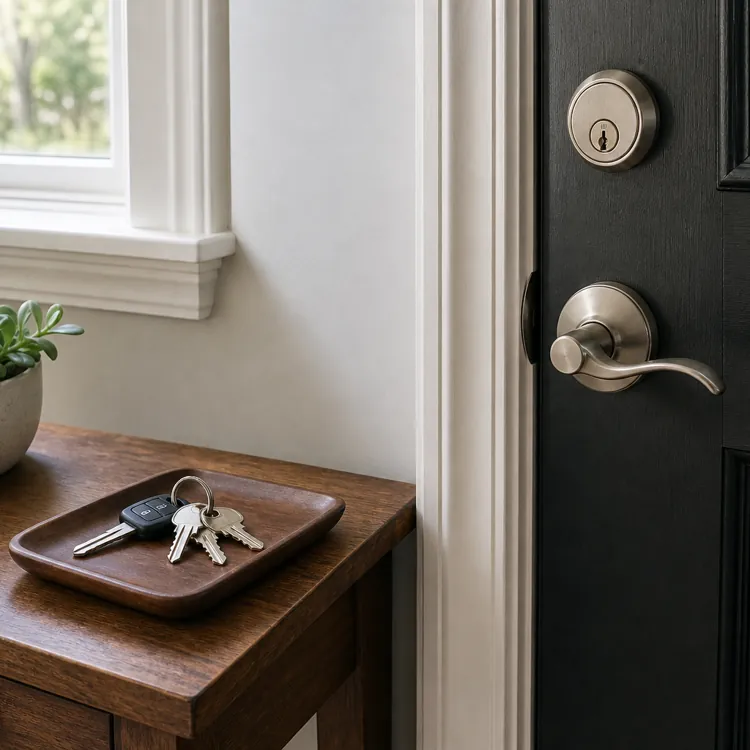 House keys and car key on tray by black front door with potted plant nearby