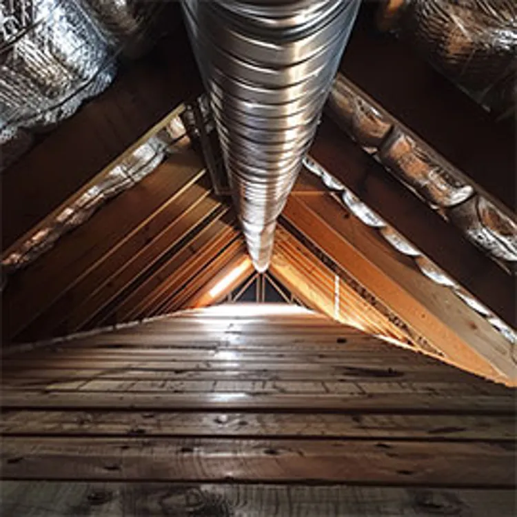 portion of ductwork in timber frame of a house