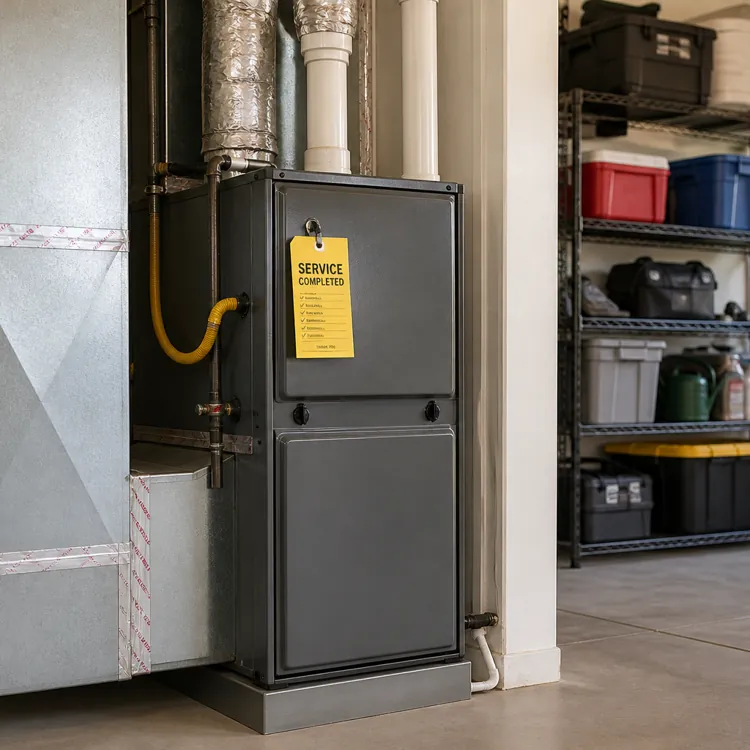 Residential furnace with a service completed tag in a garage next to metal shelves and a window